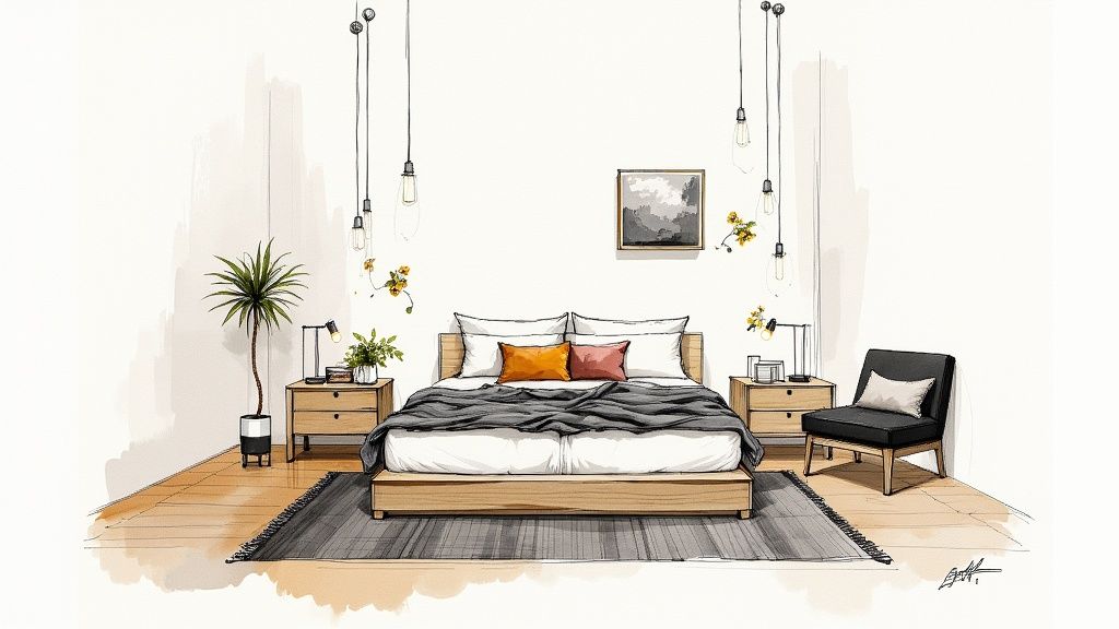 Modern Scandinavian bedroom interior design with wooden furniture and pendant lighting fixtures