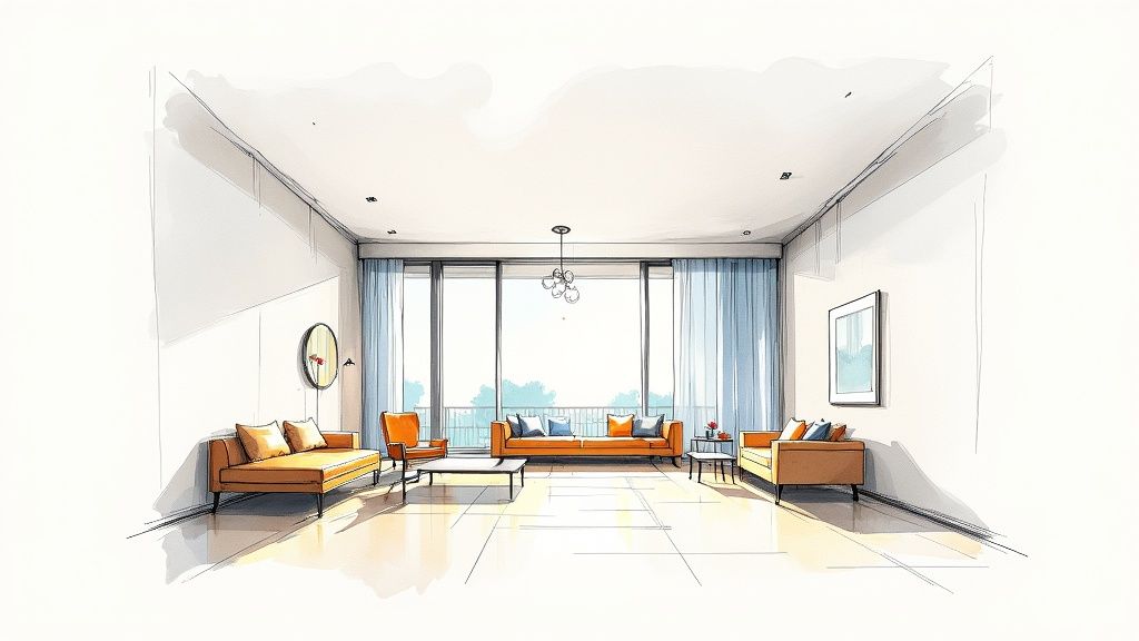 A bright, open modern minimalist room with large windows and sheer curtains, allowing natural light to fill the space.