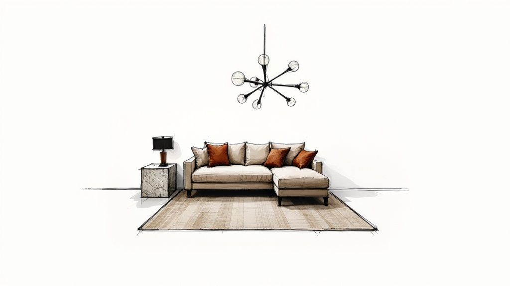 A modern living room featuring a statement Italian sofa, complemented by a textured rug and minimalist decor.