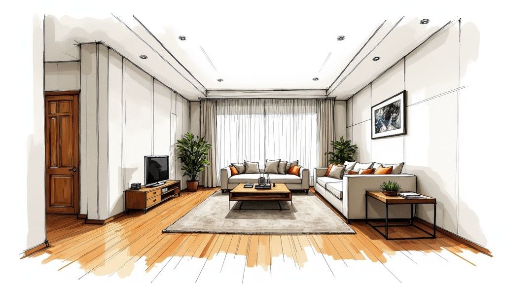 A sleek Italian contemporary living room with a minimalist sofa, marble coffee table, and large window showcasing a bright, airy space.