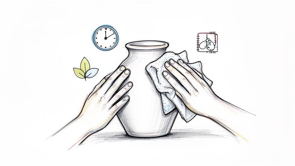 Hands gently clean a white vase with a cloth, accompanied by icons representing time,nature, and care.