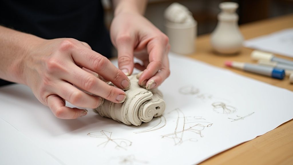 An artist's hands carefully shaping a piece of clay on a pottery wheel.
