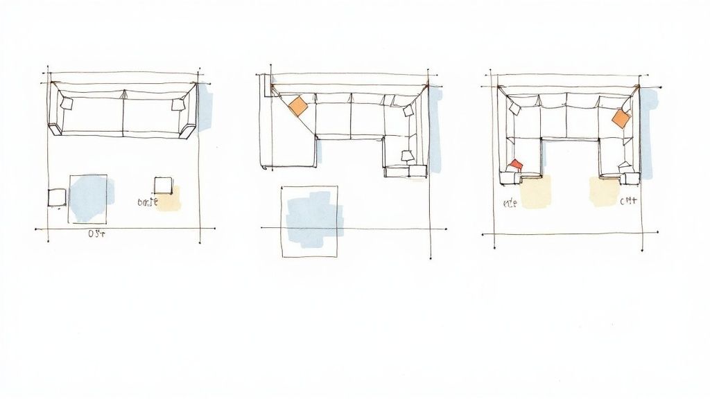 Three hand-drawn floor plans illustrating different living room furniture arrangements with sofas and tables.