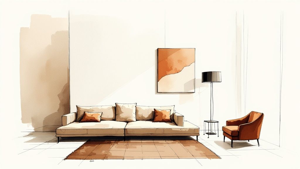 A contemporary Italian living room with minimalist furniture, neutral colors, and a large window letting in natural light.