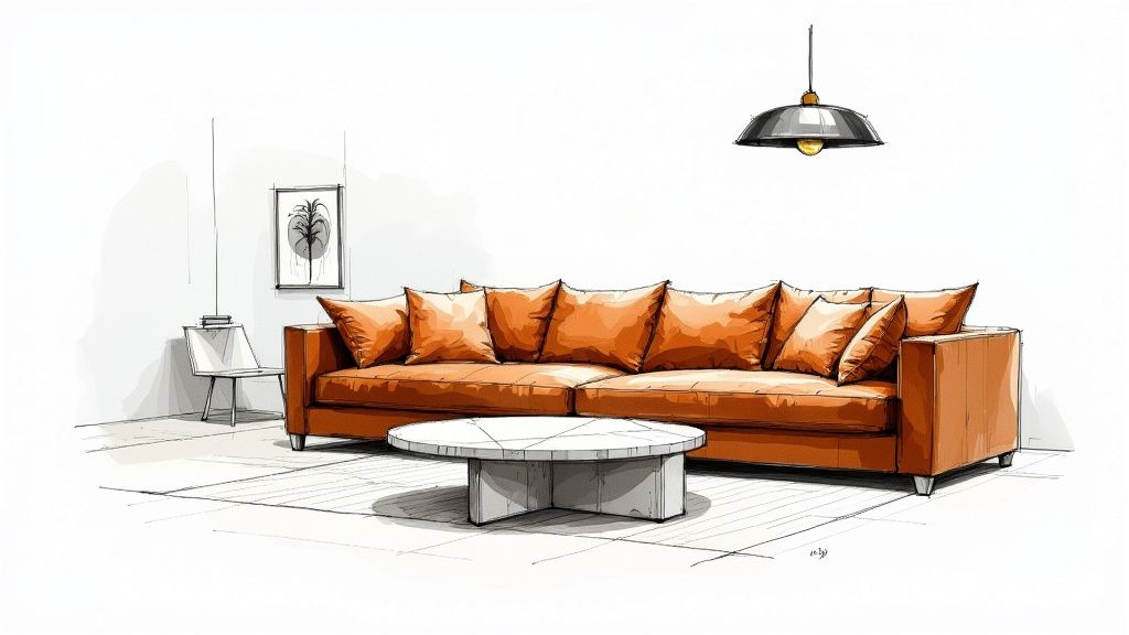 A minimalist Italian sofa with impeccable stitching, paired with a sculptural marble coffee table and a unique lighting fixture.