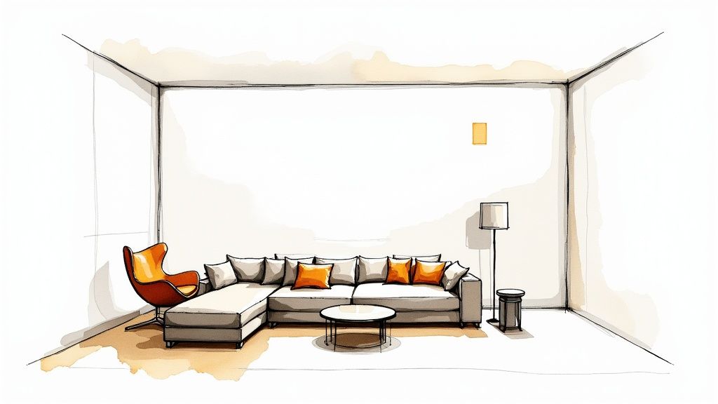 A watercolor sketch of a modern living room with a sectional sofa, orange armchair, and coffee table.