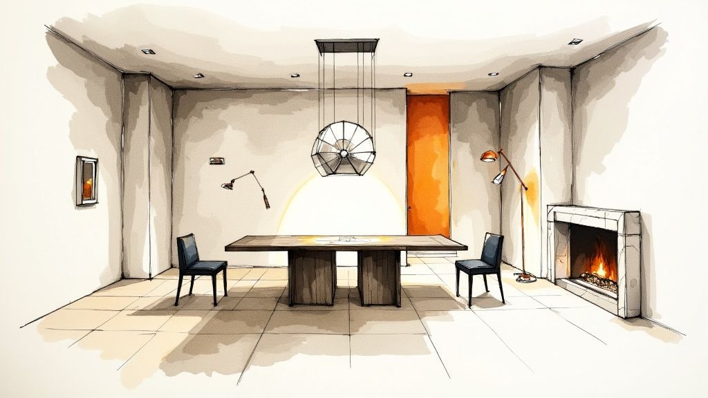 Stylish sketch of a modern dining room with a geometric chandelier, fireplace, and orange door.