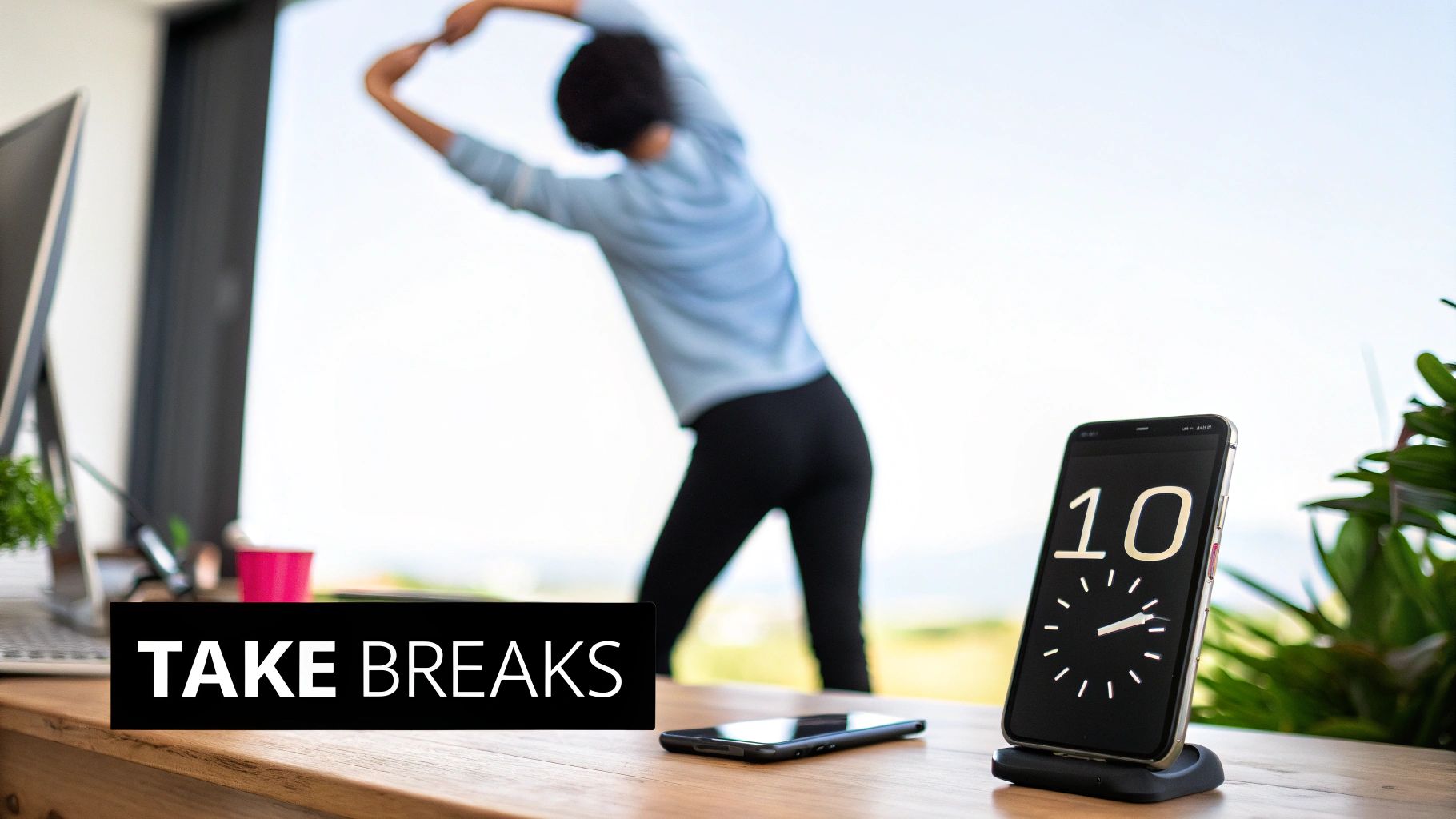A person stretching at their desk in a home office, with a window showing a sunny day outside.