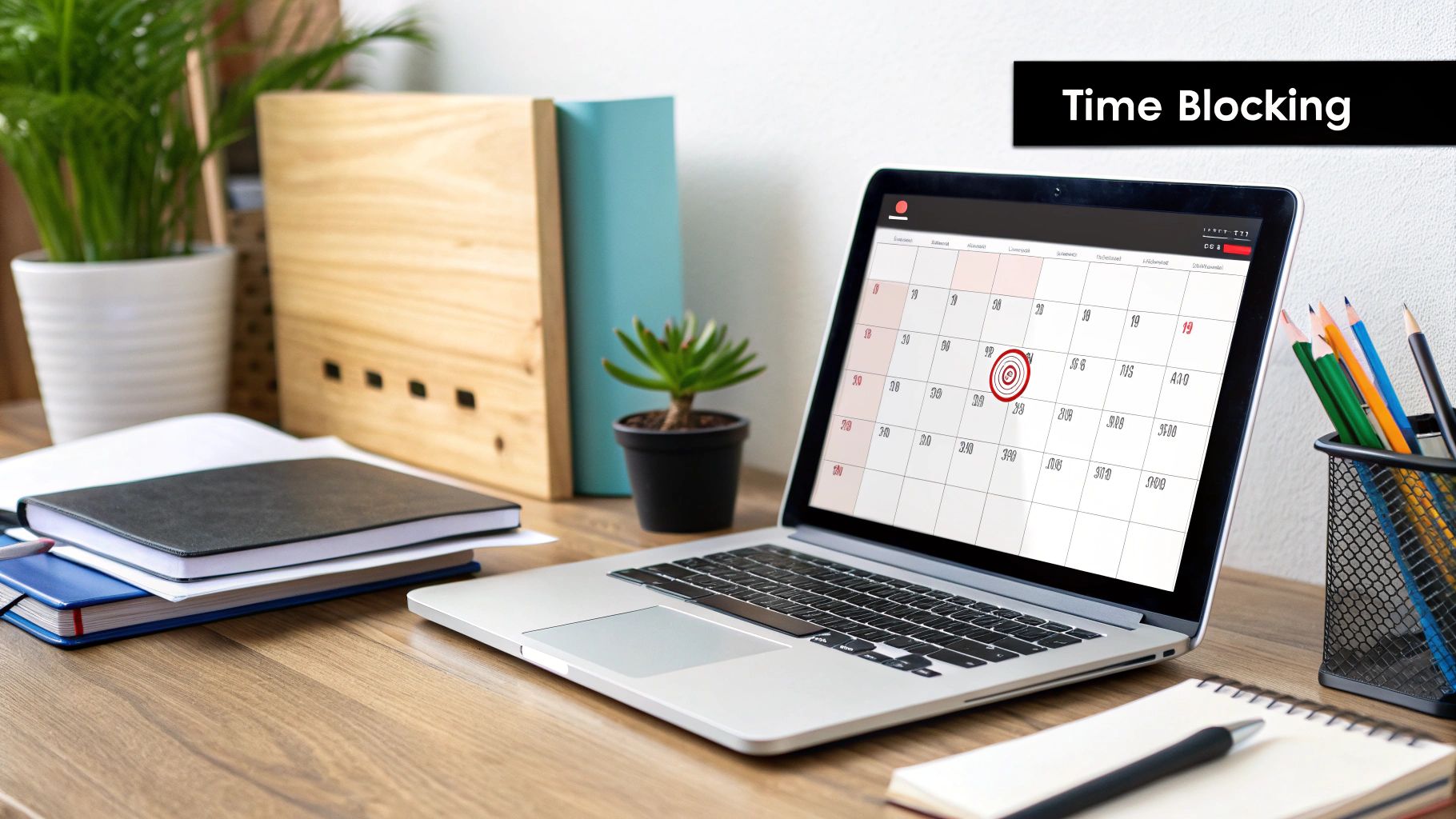 An image illustrating the concept of Time Blocking and Calendar Management, showing a digital calendar with different colored blocks for various tasks.