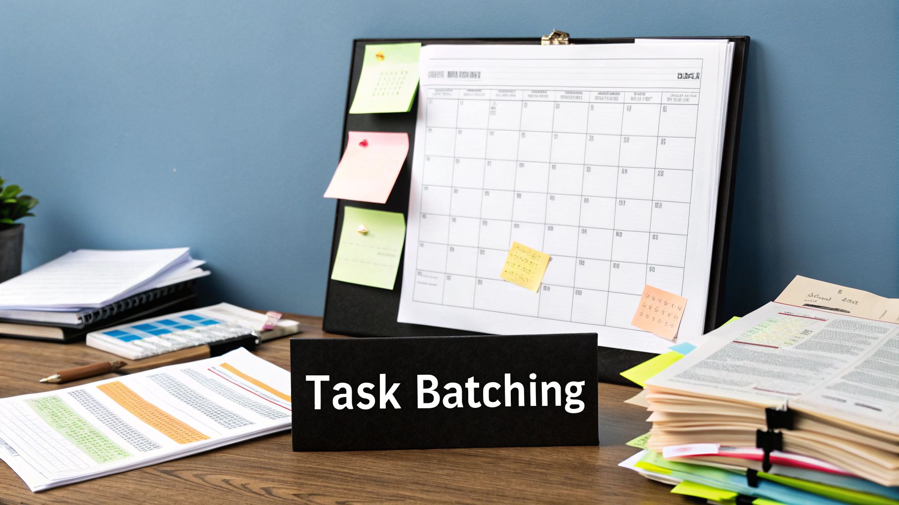 A calendar or planner showing tasks batched together by color, representing an organized workflow.