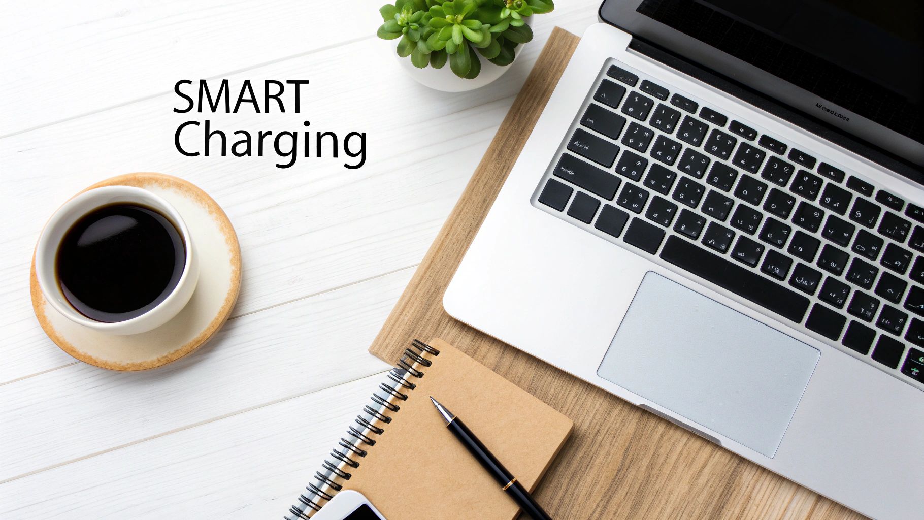 A person working on a MacBook at a desk with a plant nearby, suggesting a healthy, sustainable work environment.