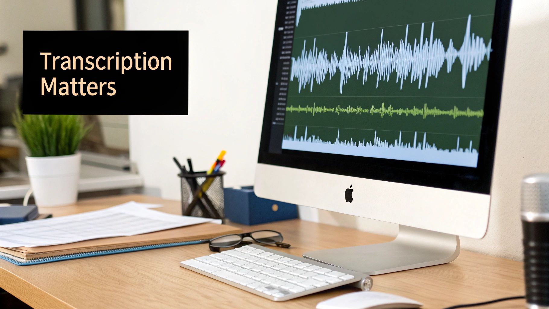 A close-up shot of hands typing on a laptop keyboard, representing the manual transcription process.