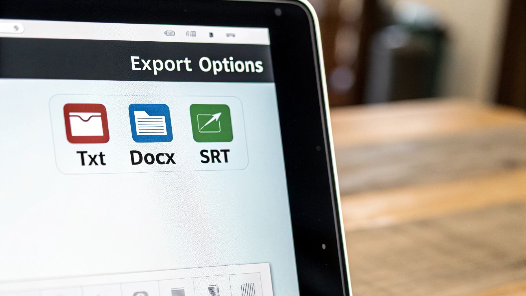 A digital interface showing export options like TXT, DOCX, and SRT, with a checkmark indicating a completed project.