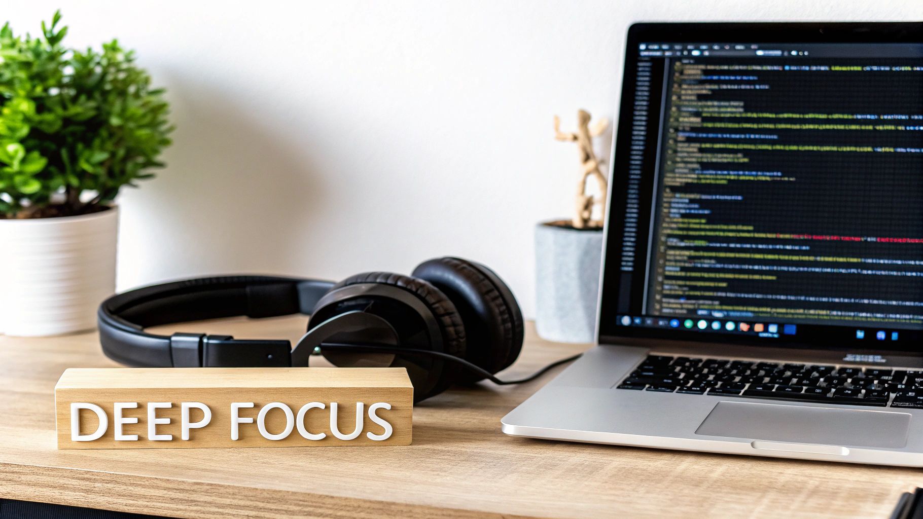 A person sitting at a desk, deeply focused on their work on a laptop, with a clean and organized workspace.