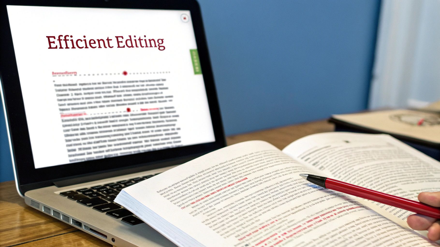 A person editing a document on a laptop with a focused expression.