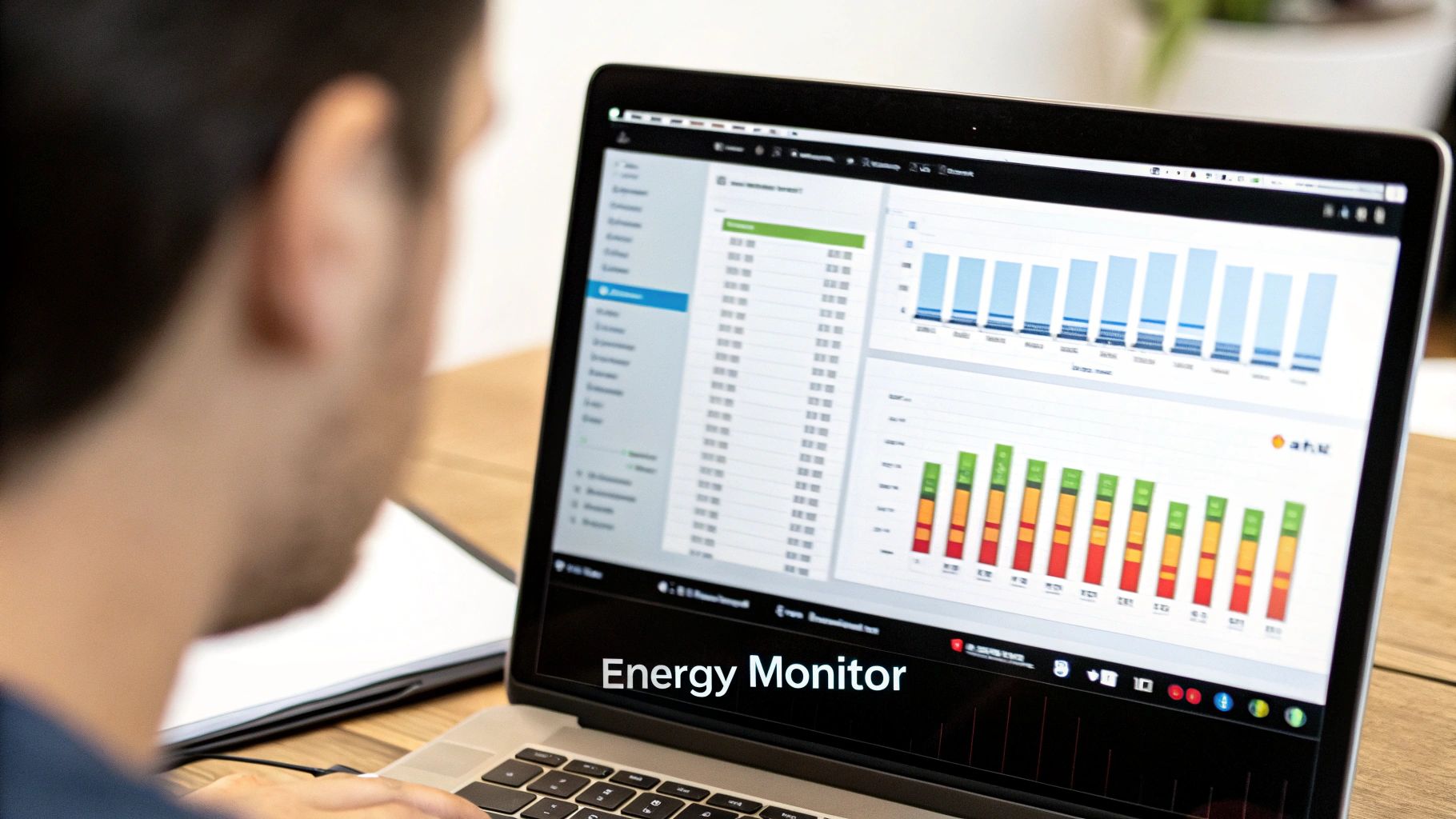 Person working on a MacBook in a cafe, looking focused on the screen.