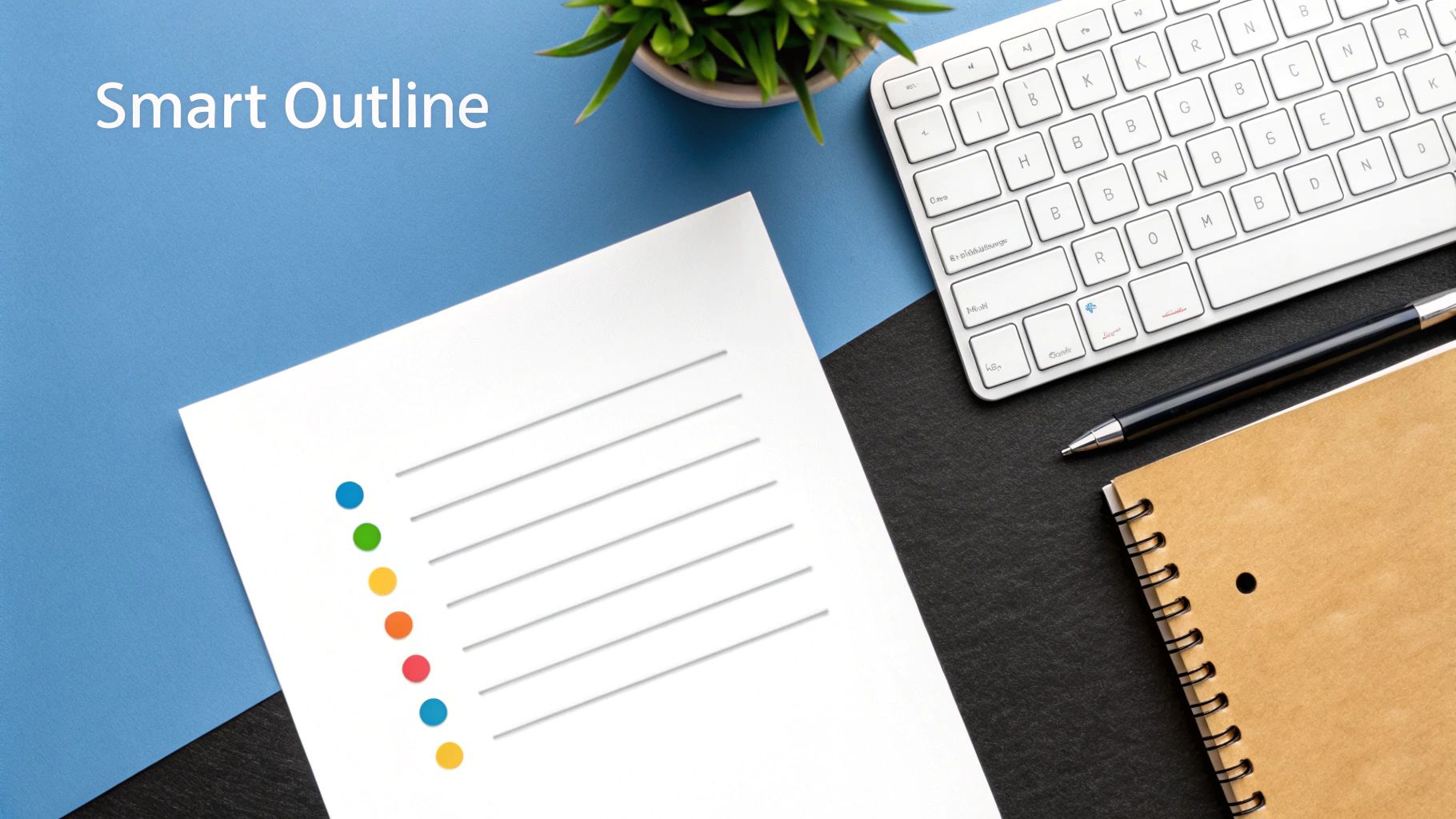 An organized desk with a notebook and pen ready for outlining.