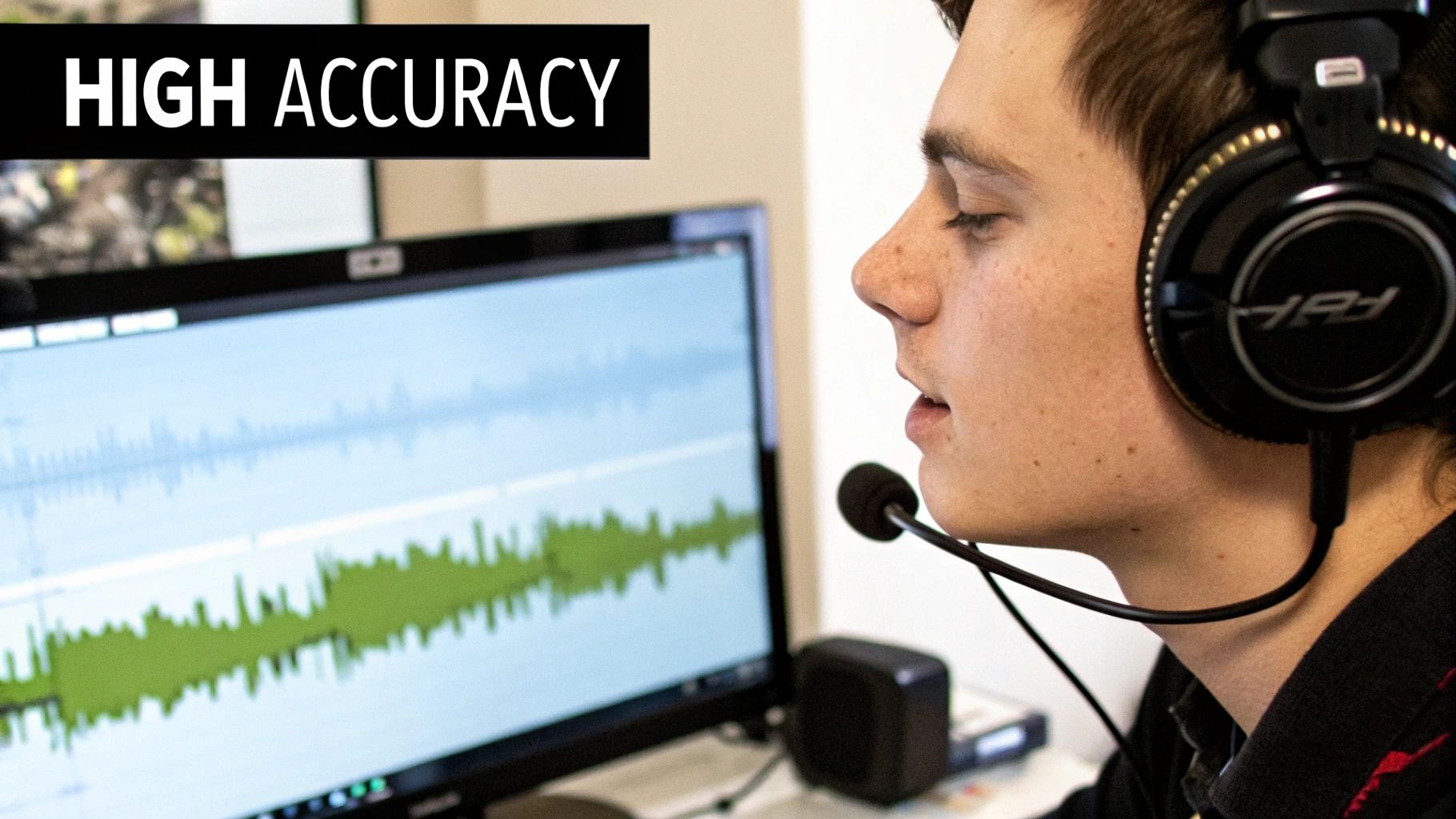 A person wearing a headset with a microphone, sitting in a quiet room and dictating into a laptop.