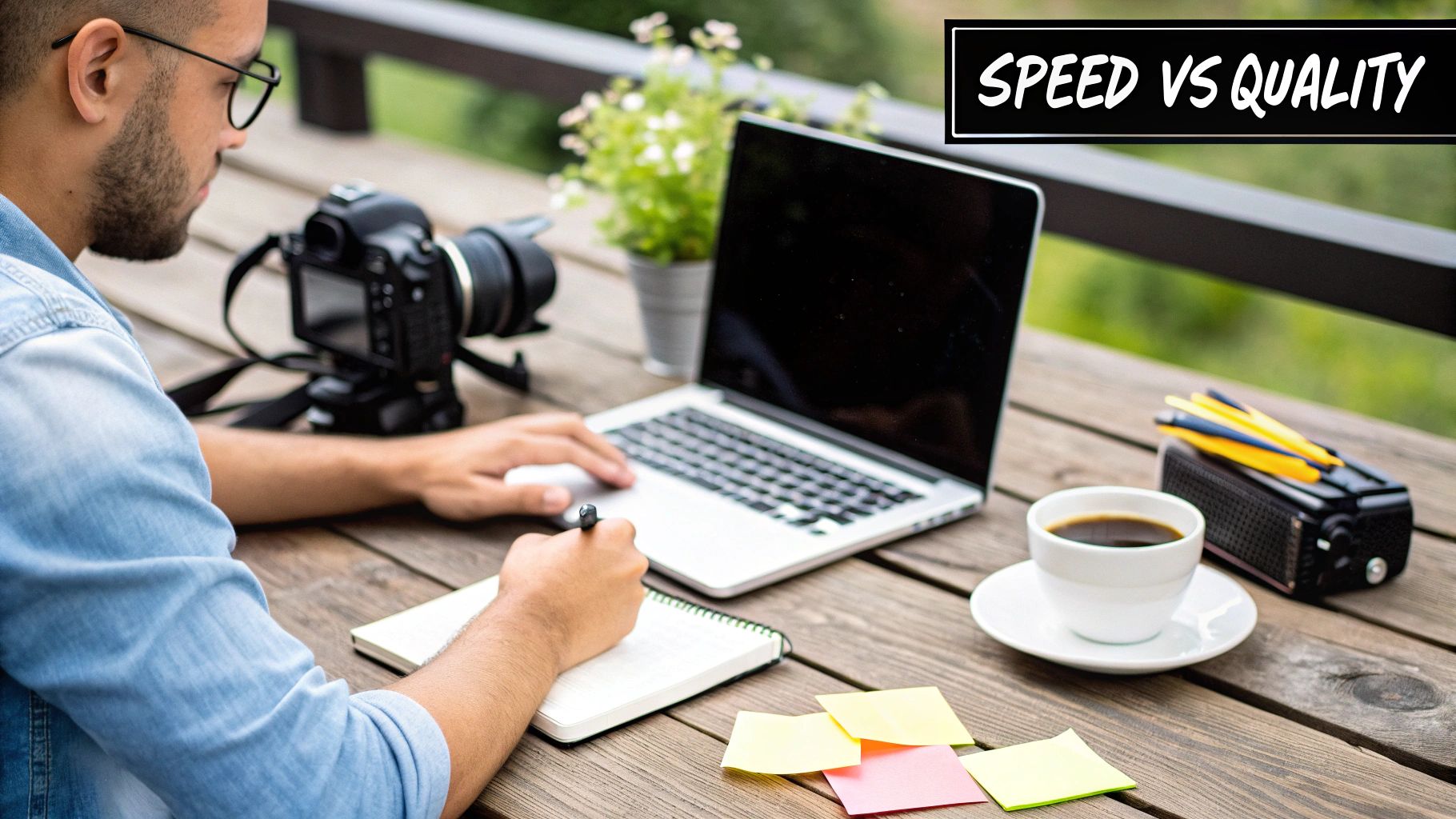 An organized desk with a laptop, notebook, and coffee, representing an efficient writing process.