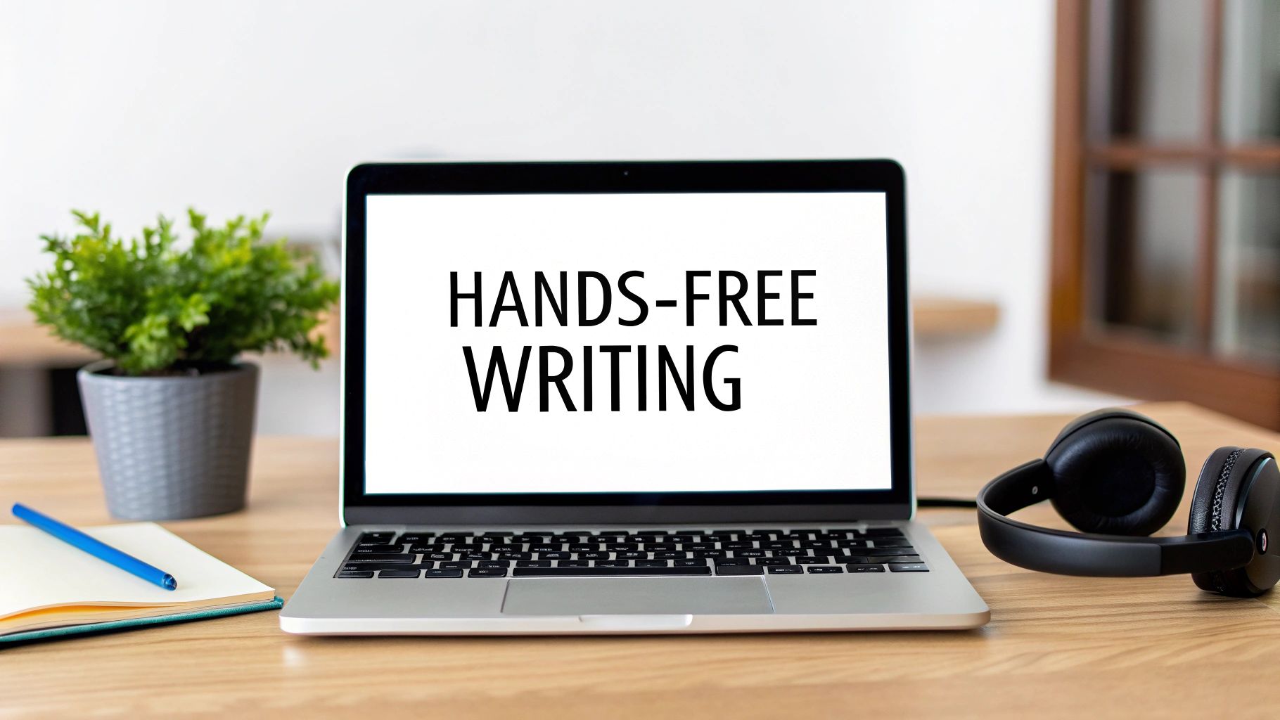 A person using voice dictation on a Mac, with sound waves visualizing the speech-to-text process on the screen.