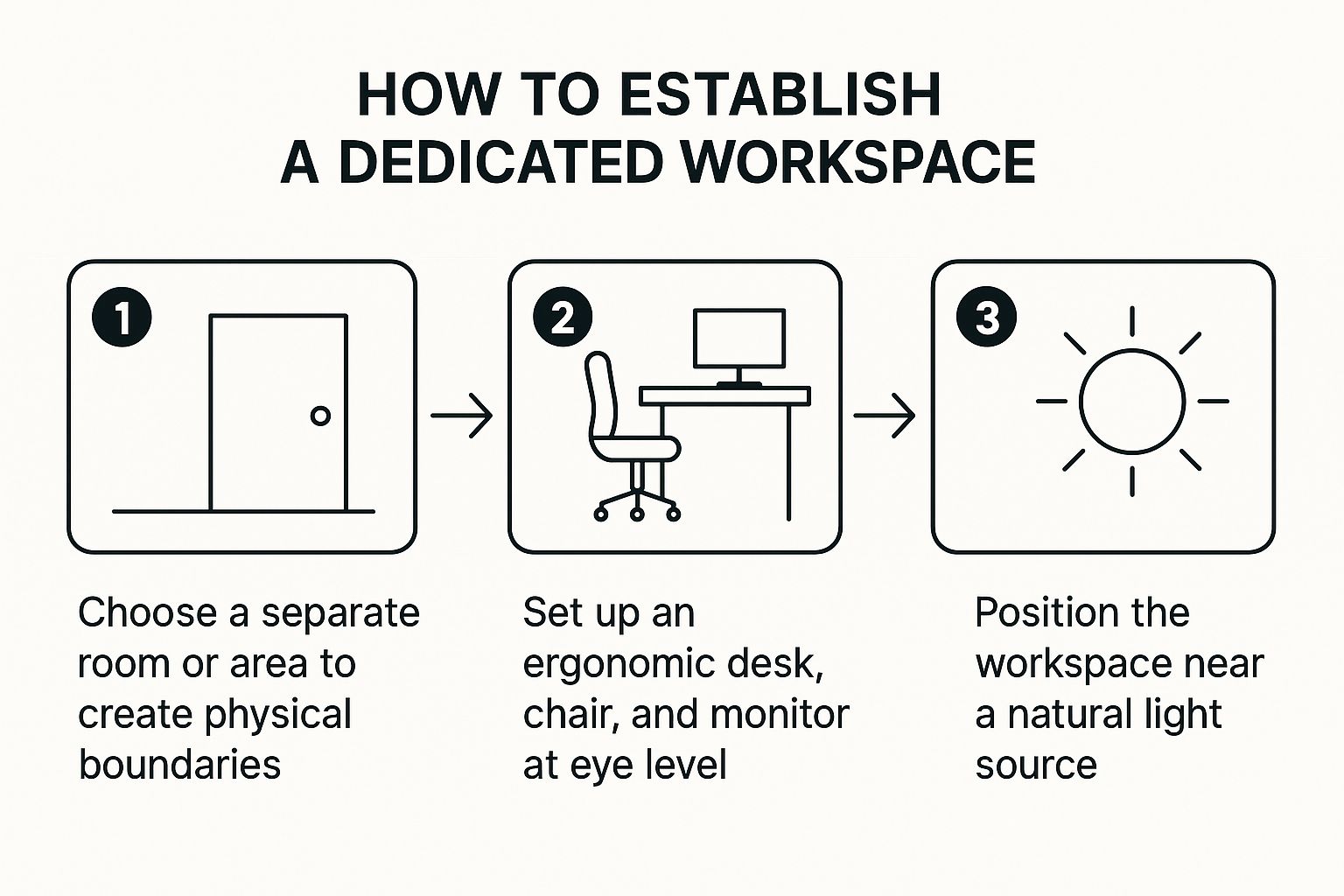 Infographic showing a three-step process to set up a dedicated workspace, including choosing a location, setting up ergonomic gear, and finding natural light.