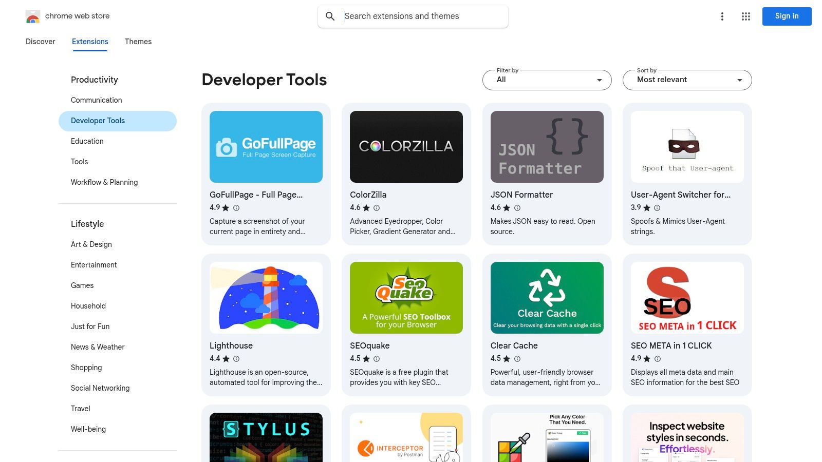 Chrome Web Store (Developer Tools Category)