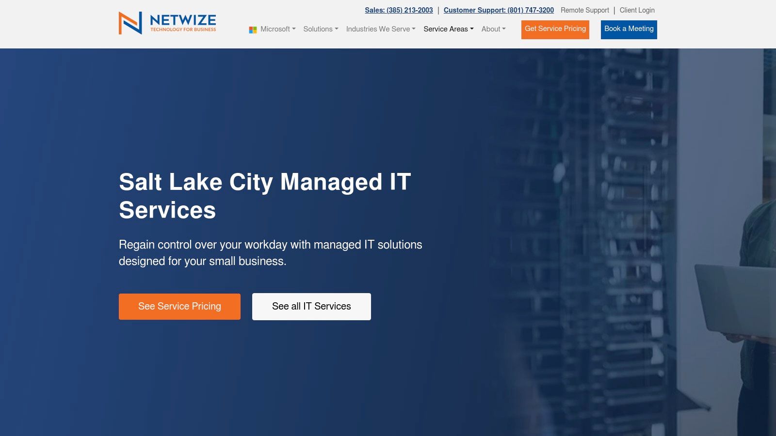 Screenshot of the NetWize website homepage showcasing their core services and customer-focused messaging