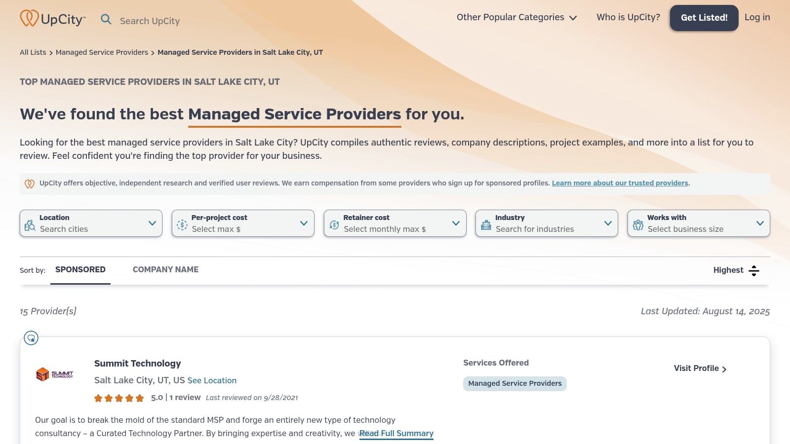 Screenshot of the UpCity Salt Lake City MSP directory page, showing a list of providers with their ratings and minimum project sizes