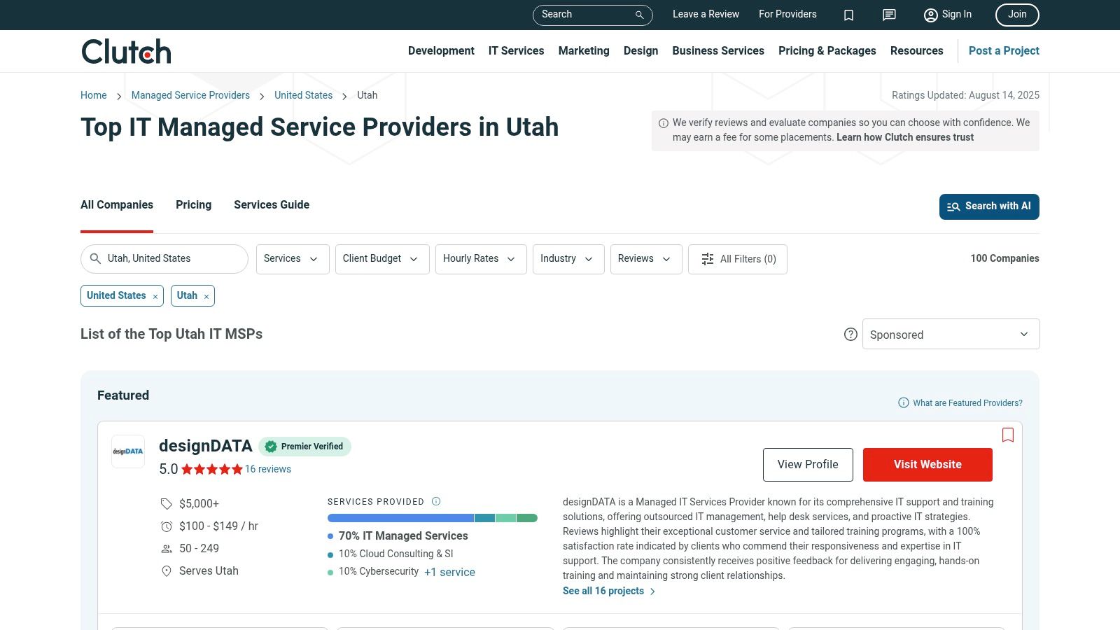 Screenshot of the Clutch website showing a list of top IT services companies in Utah
