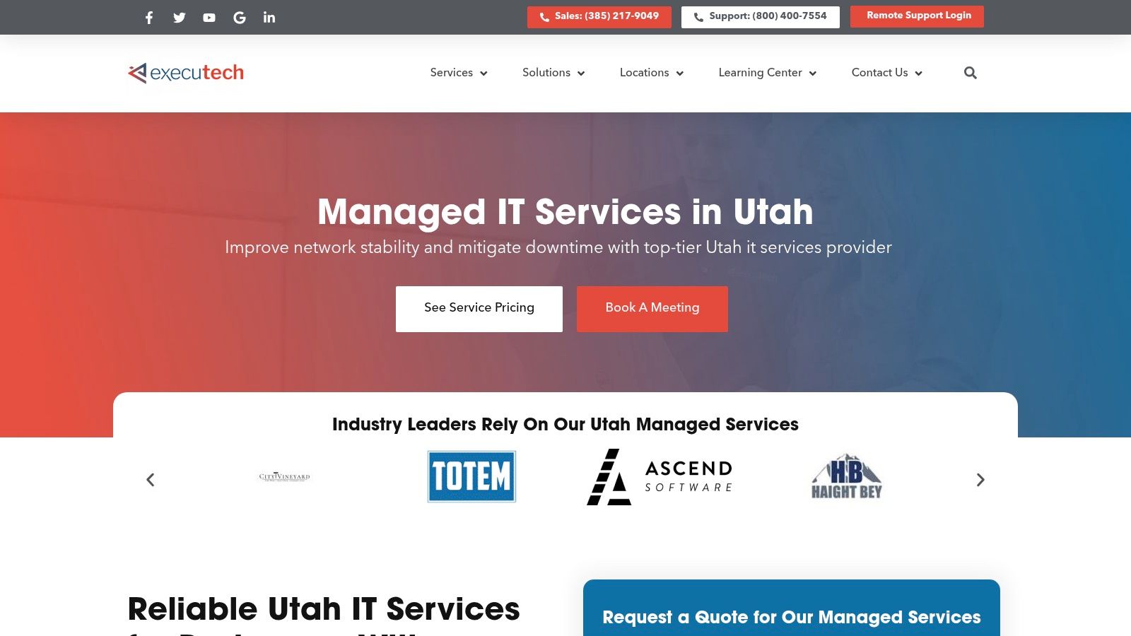 Screenshot of the Executech website homepage showing their branding and service offerings