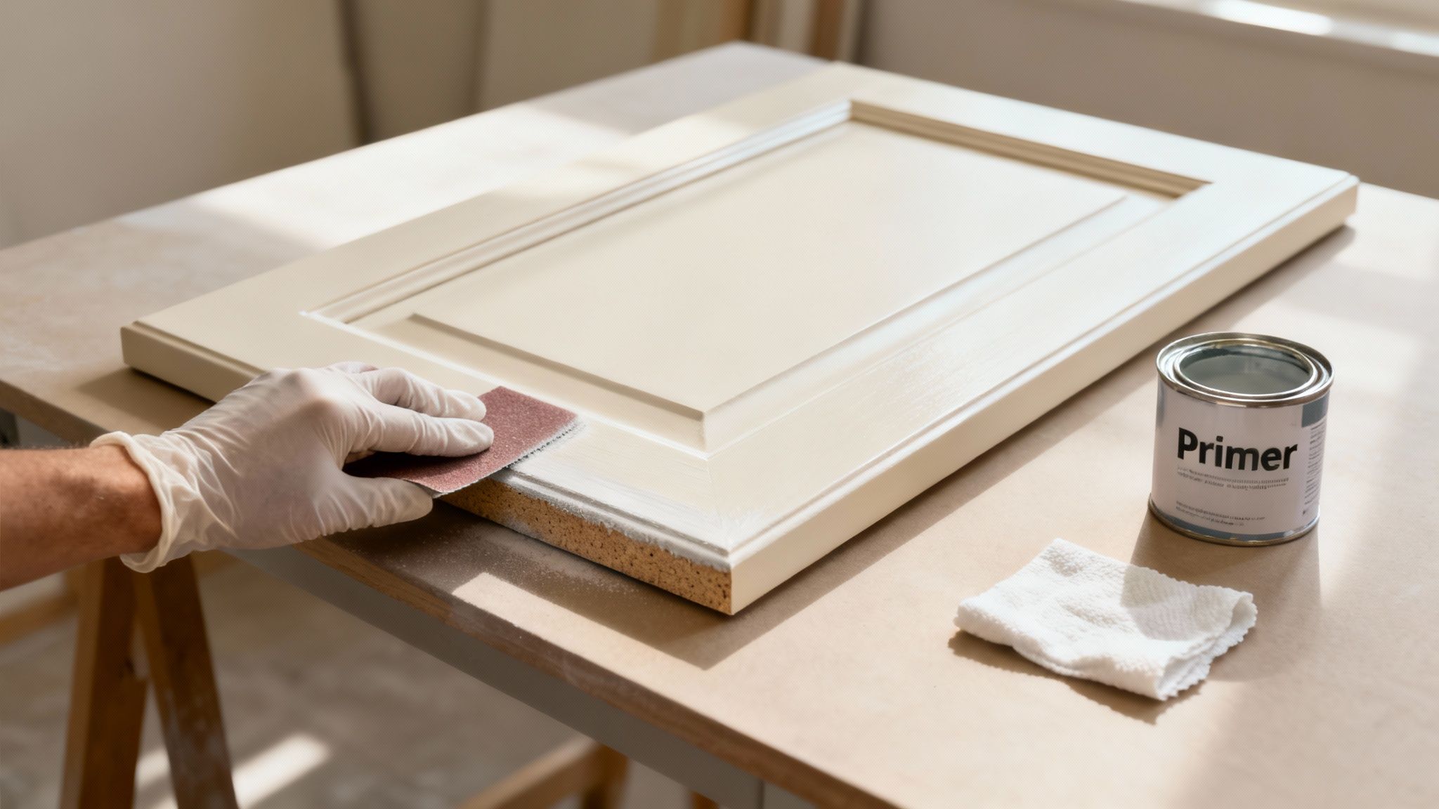 A person priming a kitchen cabinet door with a roller.