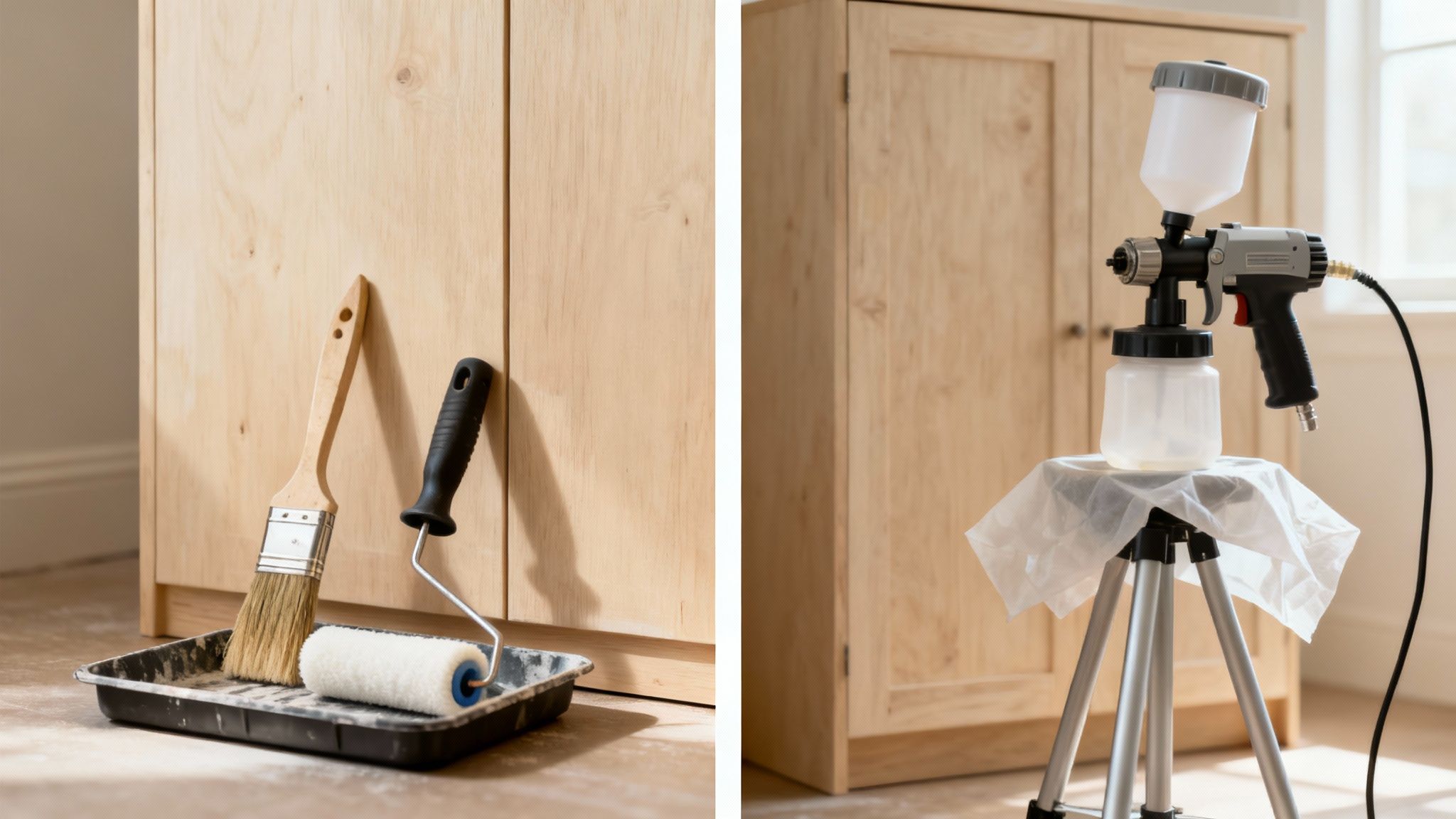 A person spraying a kitchen cabinet door with a paint sprayer.