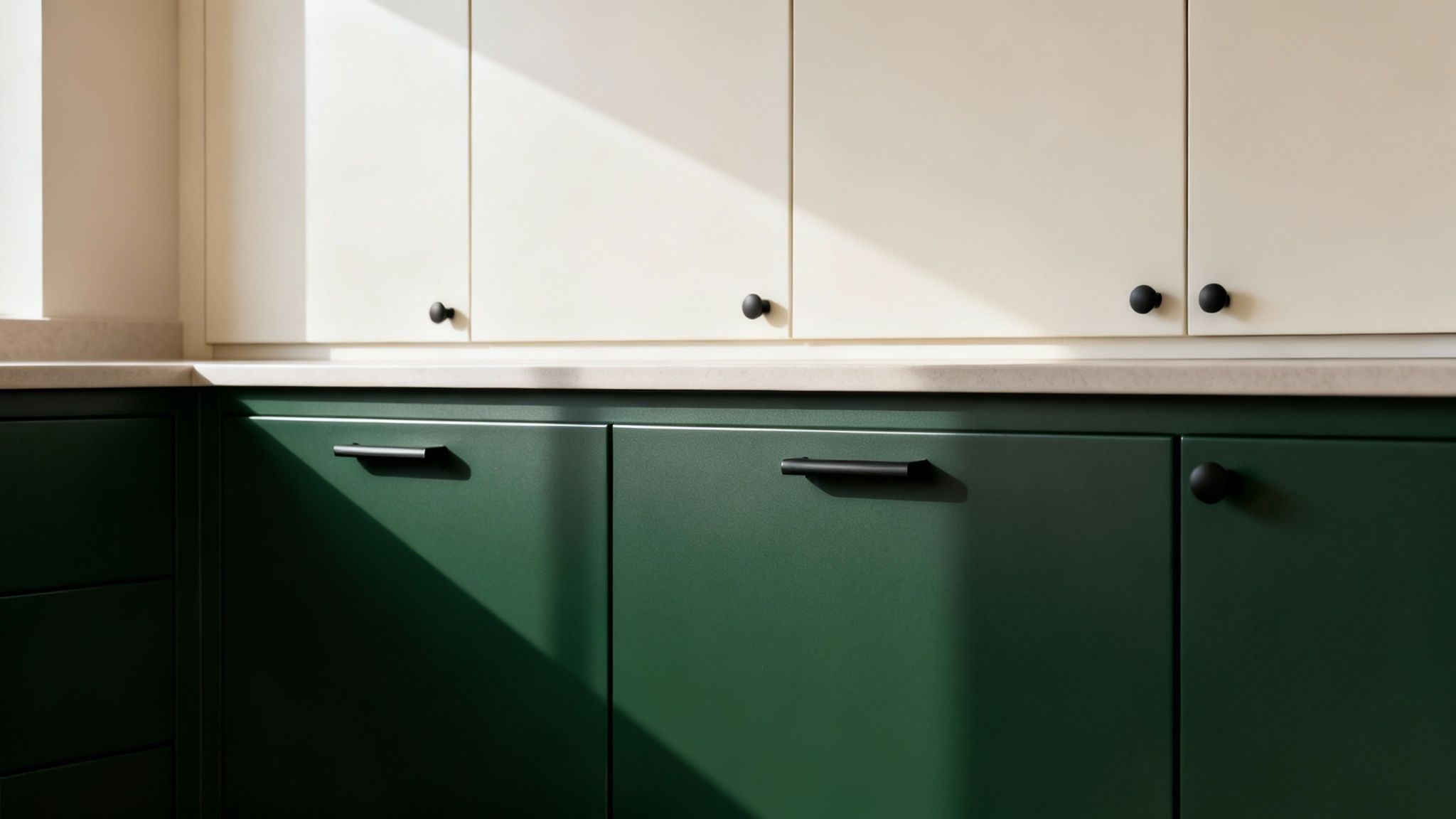 White upper cabinets and dark lower cabinets in a modern kitchen