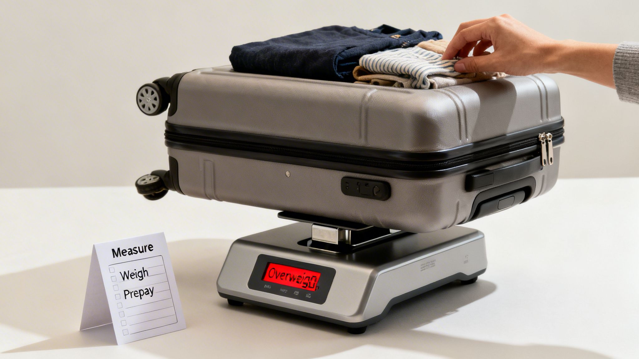 A traveler packs clothes into a gray suitcase on a digital scale showing 