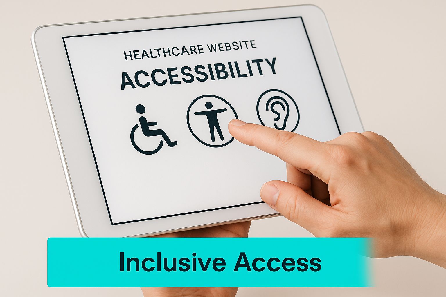 Infographic of a hand using a tablet displaying healthcare website accessibility icons with the text 'Inclusive Access'.
