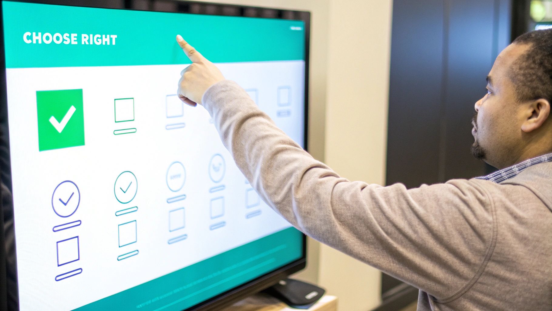 A person at a desk comparing charts and options on a screen, deciding on a website maintenance package.