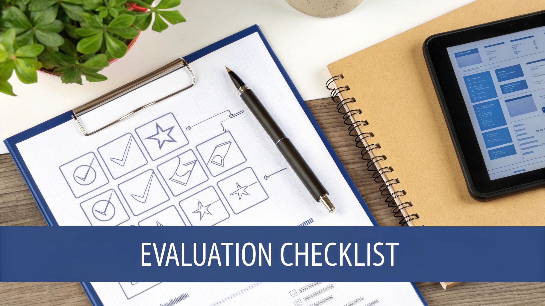 Evaluation checklist on a clipboard with a pen, digital tablet, and notebook on a desk.
