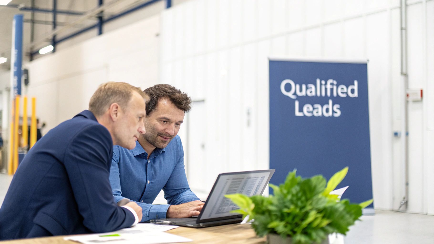 A team of engineers and managers reviewing a digital marketing dashboard on a large screen in a modern manufacturing facility
