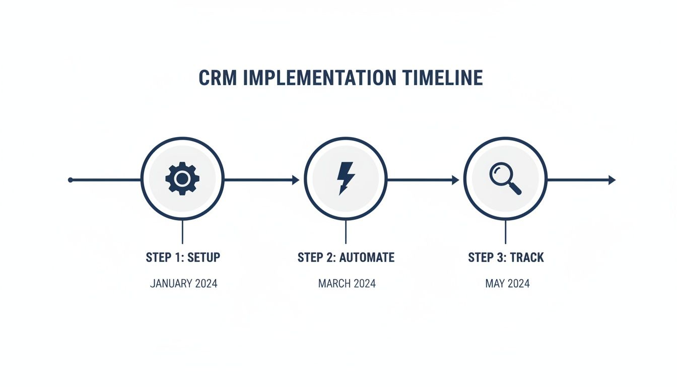 A timeline diagram illustrating a CRM implementation with three steps: setup in January, automate in March, and track in May 2024.
