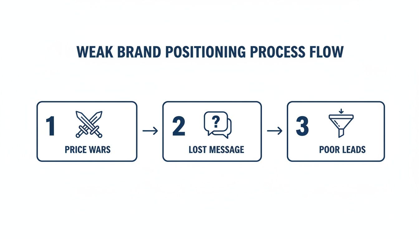 Flow diagram illustrating the negative consequences of weak brand positioning: price wars, lost message, and poor leads.