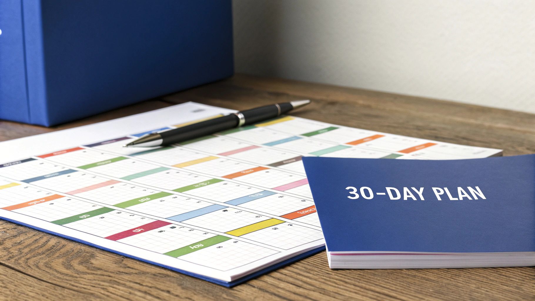 A blue "30-DAY PLAN" booklet, a colorful calendar, and a pen on a wooden desk.