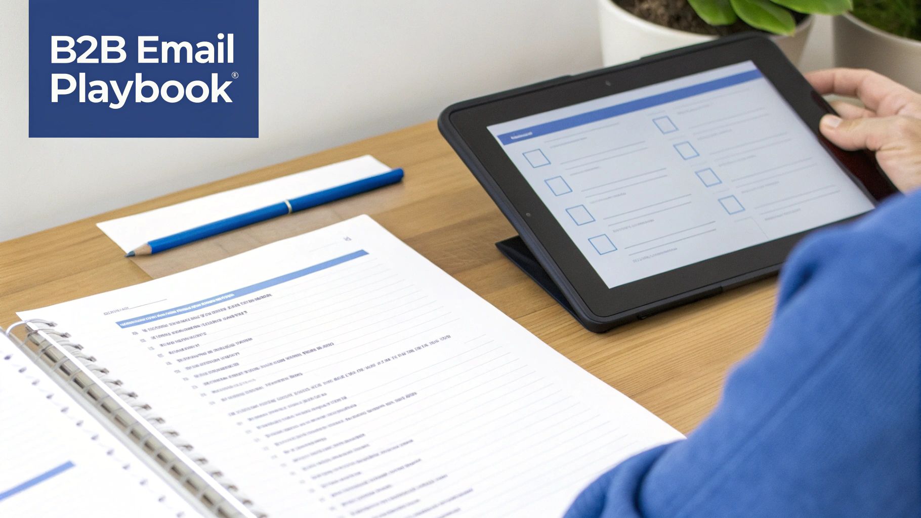 Person reviewing B2B Email Playbook content on a tablet and paper notebook with a blue pen.
