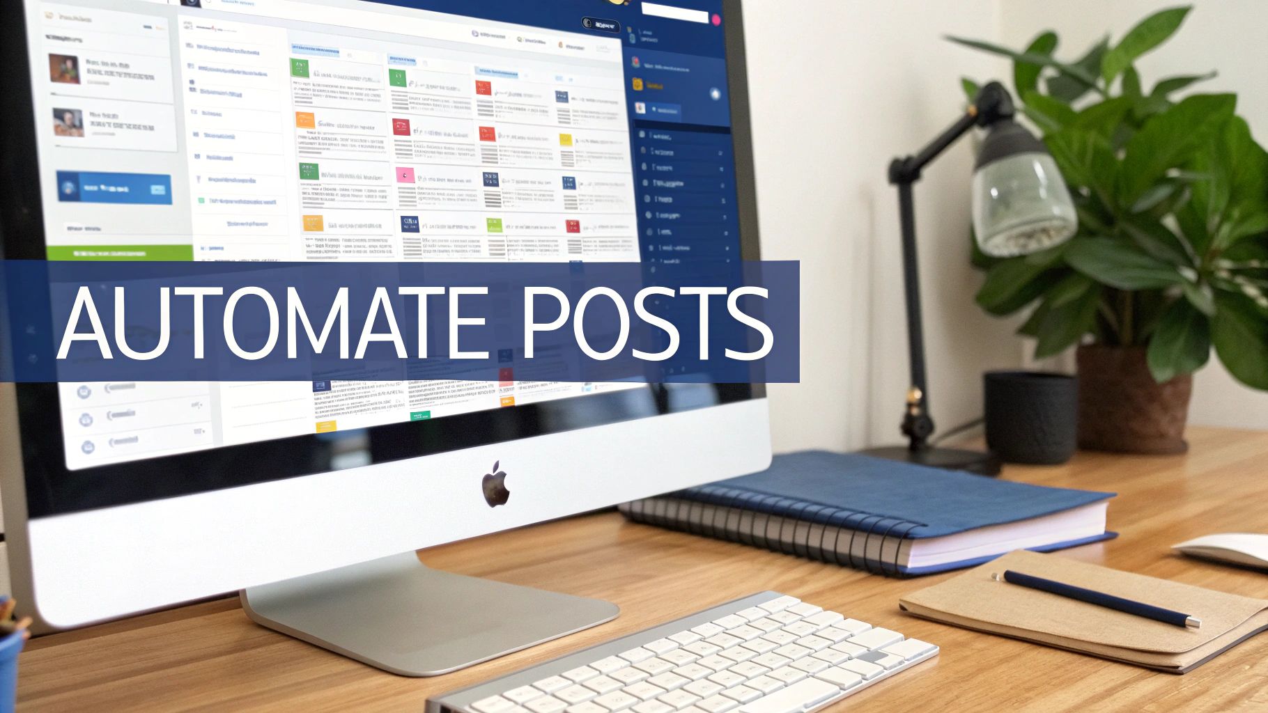 A desktop computer screen displays a social media scheduling interface on a wooden desk with office supplies.