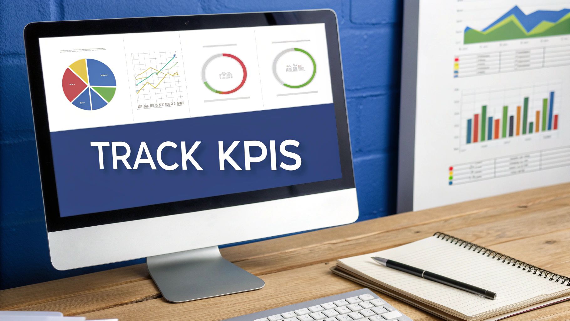 A computer monitor shows a dashboard with 'TRACK KPIS' and various charts, on a wooden desk.