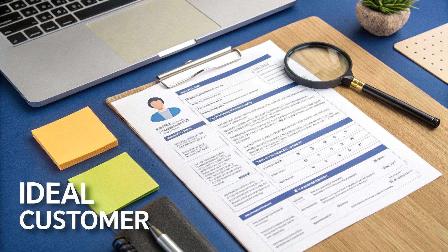 A desk setup with a resume, magnifying glass, laptop, and sticky notes, representing ideal customer profiling.