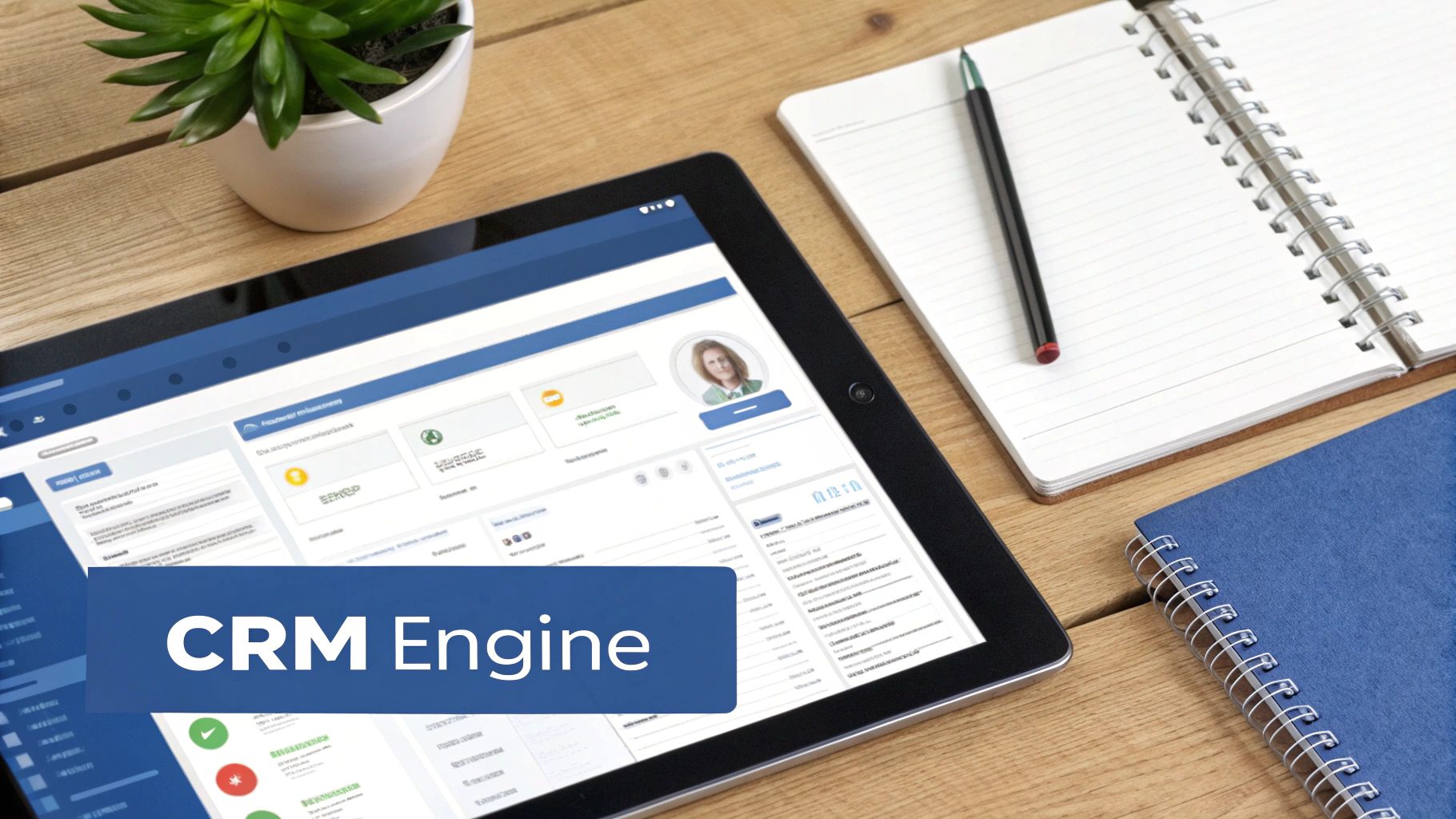 A tablet displaying a CRM interface, notebooks, and a plant on a wooden desk.