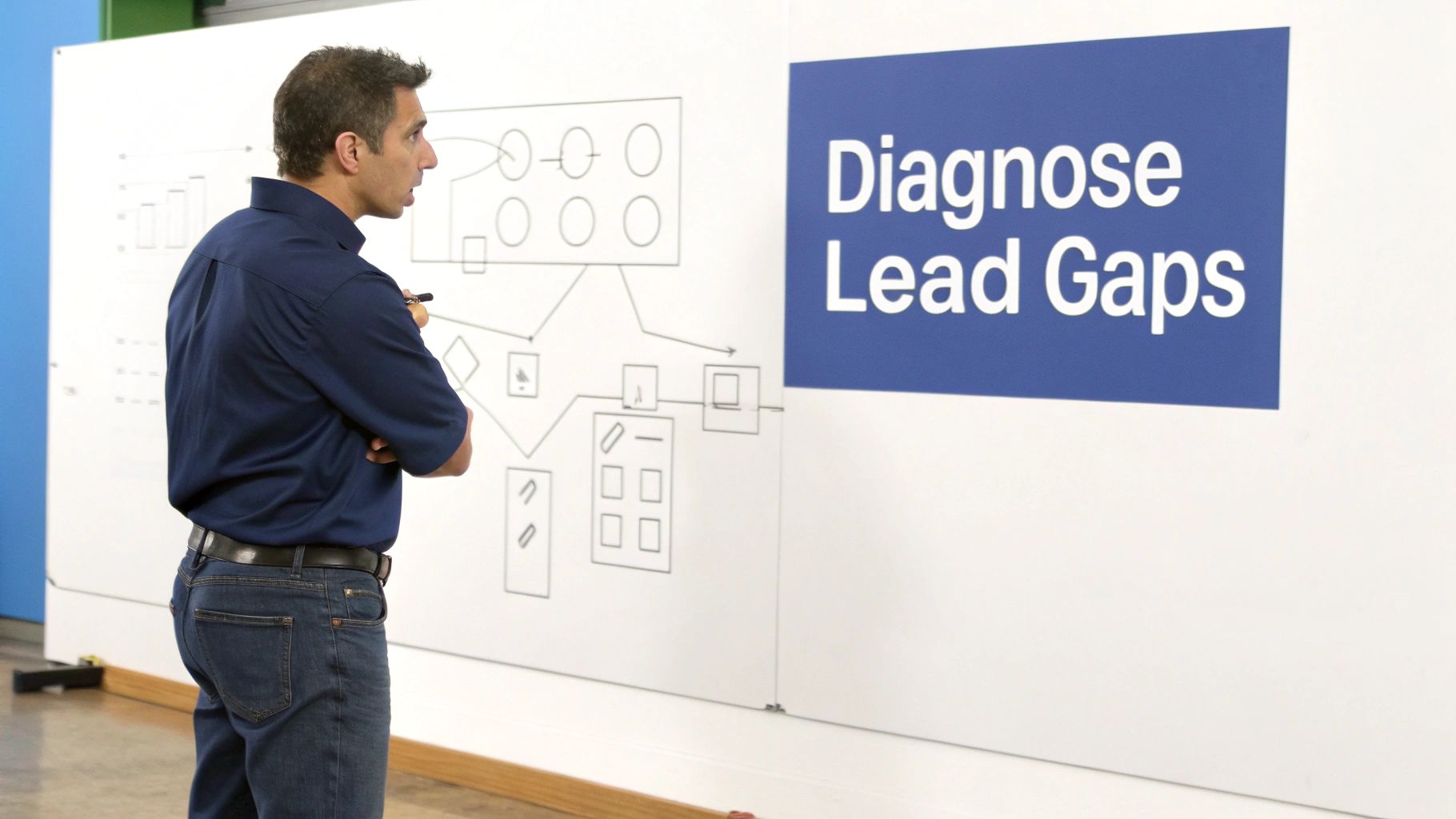 A man in a blue shirt presents a business strategy on a whiteboard with 'Diagnose Lead Gaps' text.