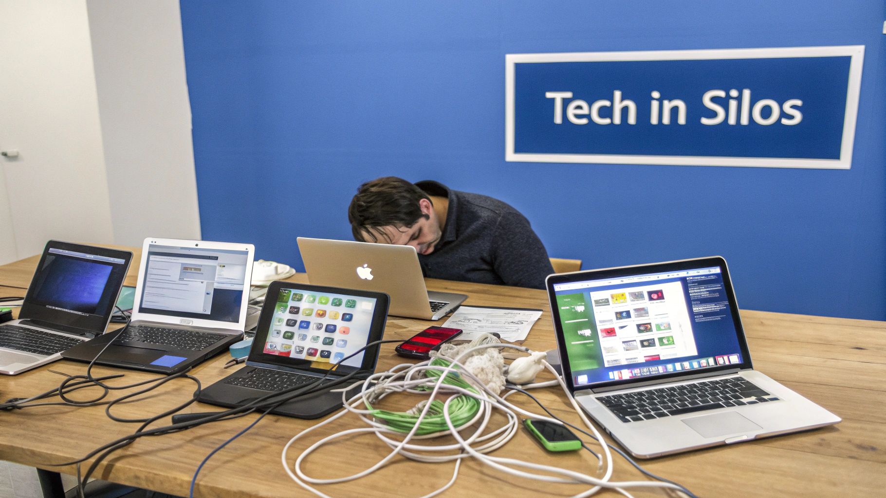 Man asleep at a table surrounded by many laptops, tangled wires, and a "Tech in Silos" sign.
