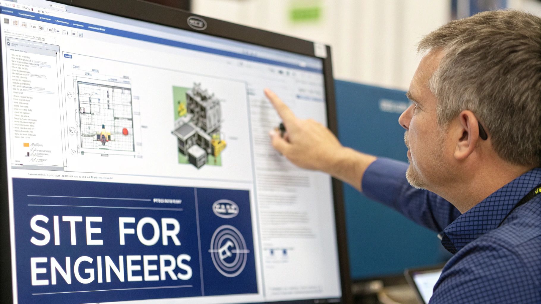 An engineer points at a computer screen showing technical drawings and 'SITE FOR ENGINEERS' branding.