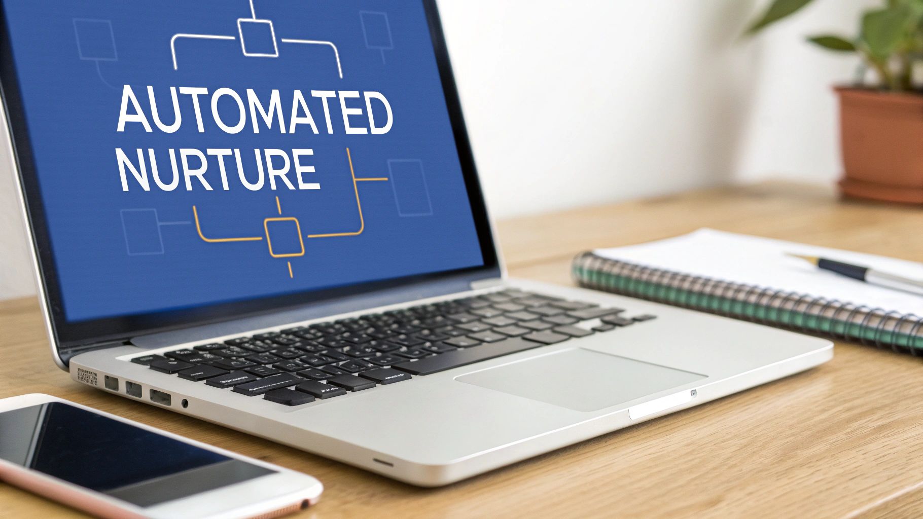 A laptop displaying 'AUTOMATED NURTURE' and a flowchart, with a smartphone and notebook on a wooden desk.